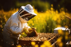 A beekeeper inspecting a honey bee frame in a sunlit apiary.