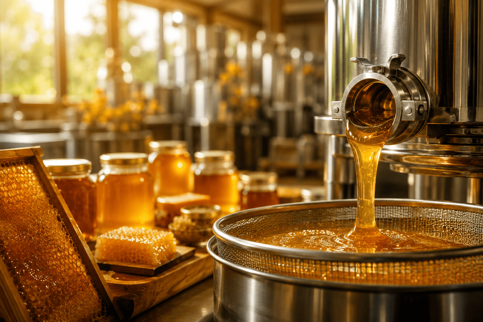 Honey processing jars and equipment.